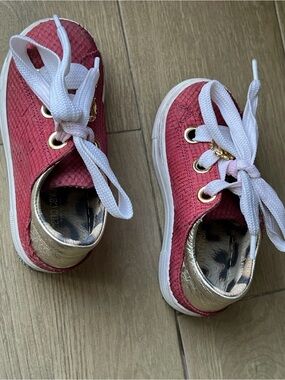 Roberto Cavalli Coral Pink Kids Sneakers with Gold Heel Accents